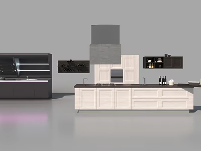 Modern Kitchen Interior With White And Black Cabinets Island Countertop And Range Hood 3d model