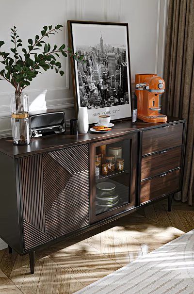 Modern Dark Wooden Sideboard With Green Plant Vase Radio And Coffee Machine In Living Room 3d model