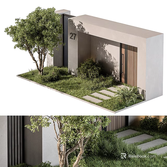 Modern Front Entrance Gate With Number 27 Tree Green Plants Lawn And Stone Path 3d model 
