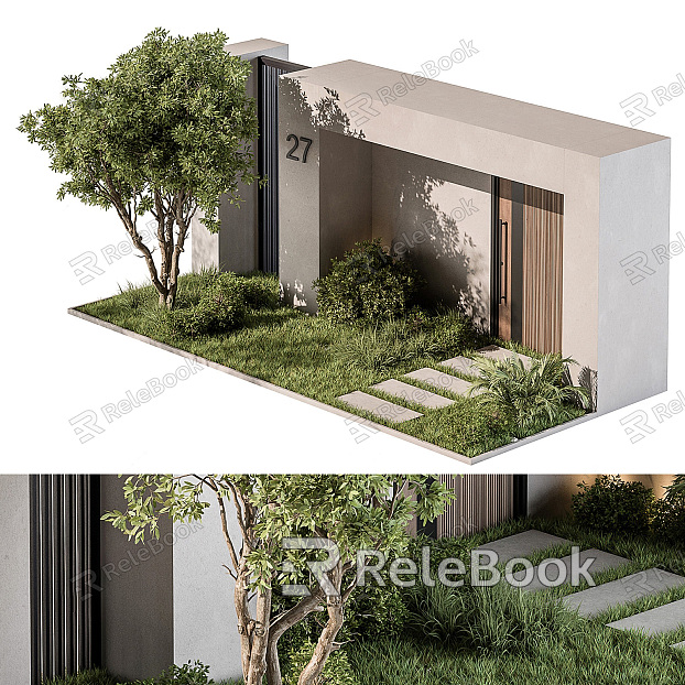 Modern gate villa entrance courtyard gate landscape combination villa entrance gate landscape green plant sketch model