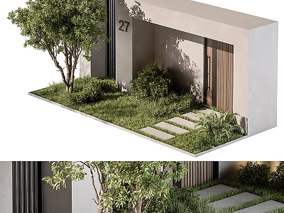 Modern Front Entrance Gate With Number 27 Tree Green Plants Lawn And Stone Path 3d model