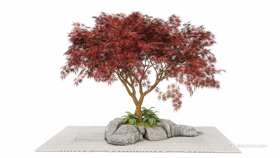 Red Leaf Tree With Stone Base And Green Plants On Woven Mat 3d model 