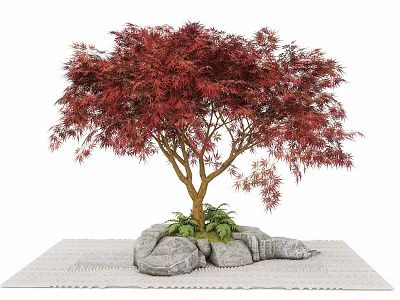 Red Leaf Tree With Stone Base And Green Plants On Woven Mat 3d model