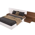 Modern Double Bed With Upholstered Headboard Wooden Nightstands And Plush Blanket