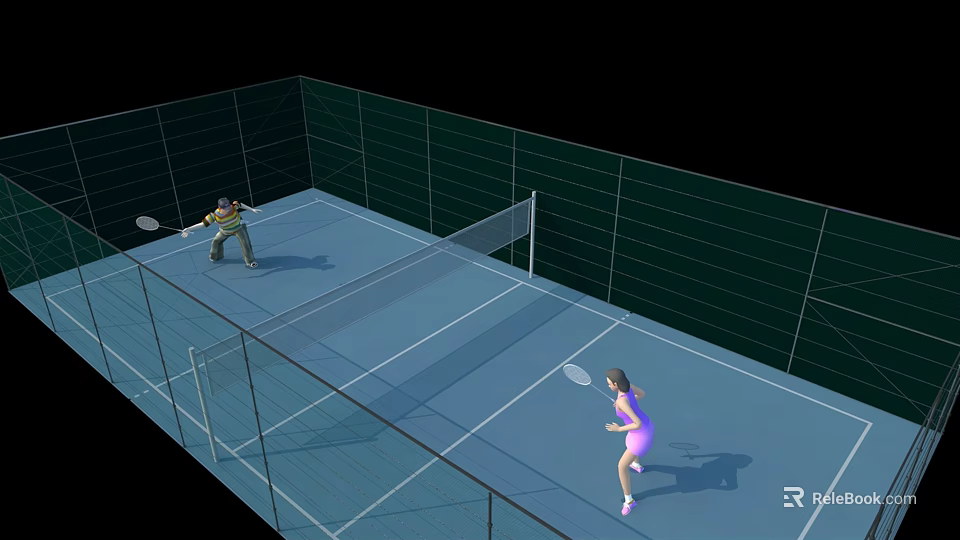 Two Players Playing Badminton In Indoor Court For Fitness Exercise 3d model 