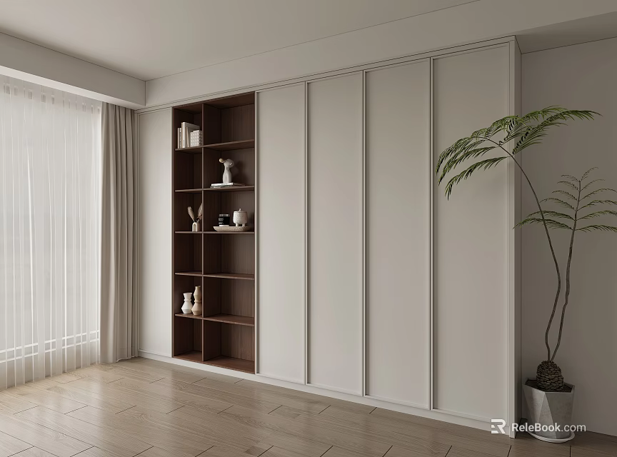 Modern Wooden Bookcase With White Sliding Doors Curtains And Potted Plant In Bright Room 3d model 