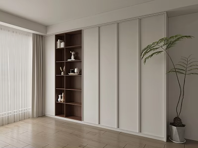 Modern Wooden Bookcase With White Sliding Doors Curtains And Potted Plant In Bright Room 3d model