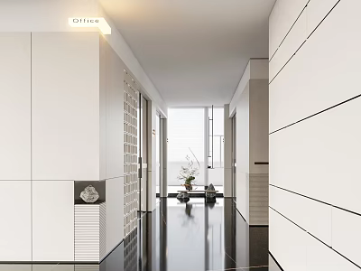 Modern Office Corridor Interior Design With White Walls Black Floor Ceiling Lighting And Potted Plants 3d model