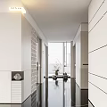 Modern Office Corridor Interior Design With White Walls Black Floor Ceiling Lighting And Potted Plants