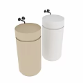 Modern White And Beige Washbasins With Cylindrical Base Shelves And Black Faucets
