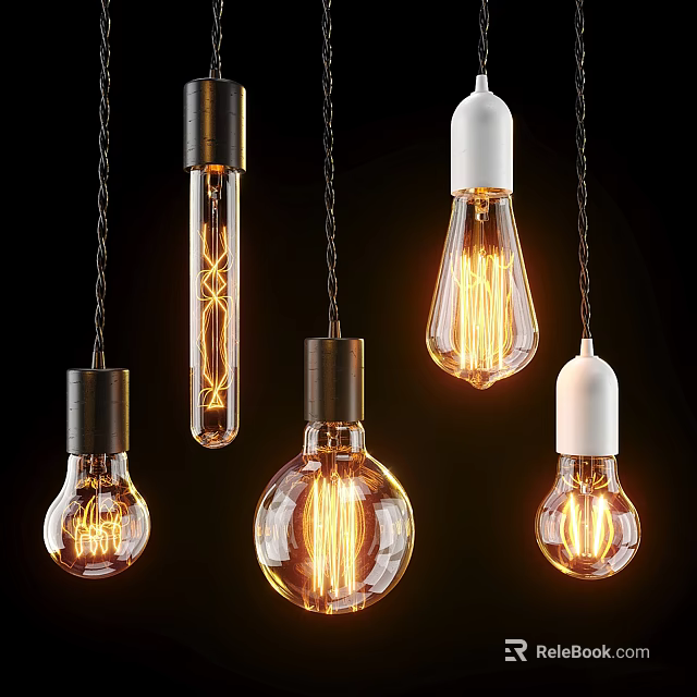 Modern Illuminated Pendant Lights With Transparent Bulbs And Various Metal Bases 3d model 
