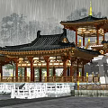 Traditional Chinese Pavilion With Black Tiled Roof Wooden Structure In Rainy Scenic View