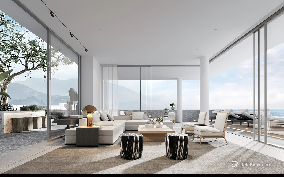 Modern Living Room Interior Design With Sofa Large Windows Sea View And Natural Light 3d model 