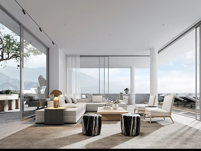 Modern Living Room Interior Design With Sofa Large Windows Sea View And Natural Light 3d model