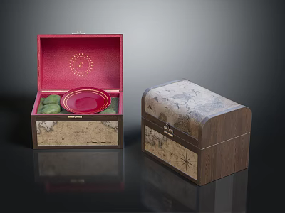 Wooden Decorative Storage Boxes With Red Lined Interior Red Plate Green Items And Patterned Surface 3d model