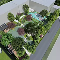 Tranquil Garden Landscape With Stone Pathway Green Trees Bushes And Walking People