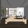 Pilates Fitness Studio Interior With Wooden Floor Reformer Equipment And Exercise Poster