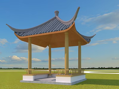 Chinese Traditional Pavilion With Upturned Eaves Tiled Roof And Wooden Pillars In Green Field 3d model