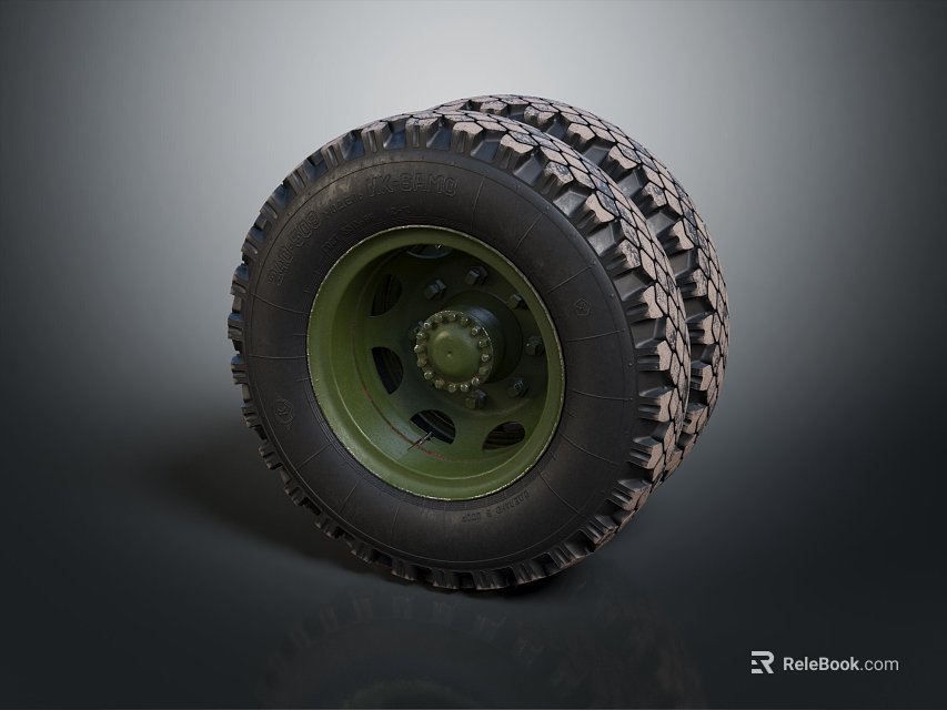 Off Road Tire With Green Wheel Rim Deep Tread Pattern And Heavy Duty Construction Design 3d model 