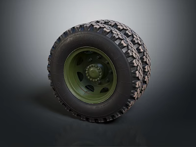 Off Road Tire With Green Wheel Rim Deep Tread Pattern And Heavy Duty Construction Design 3d model