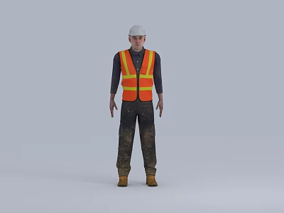 Man in White Hard Hat Orange Reflective Vest Dark Long-Sleeve Shirt Dark Pants Brown Boots 3d model