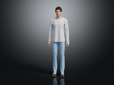 Man in Light Gray Long Sleeve Top and Light Blue Jeans Standing Against Dark Background 3d model