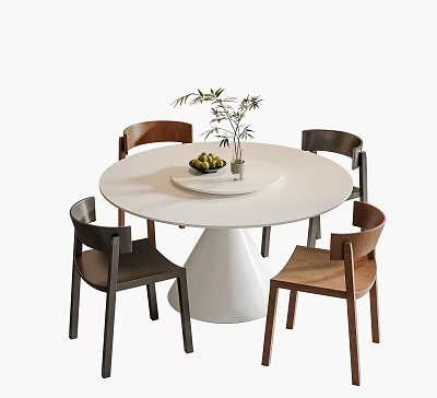 Stylish Round White Dining Table With Four Wooden Chairs And Fruit Plant Decor 3d model