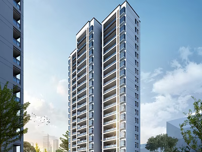 Modern High Rise Residential Building With Balconies Trees And Blue Sky Sunlight 3d model