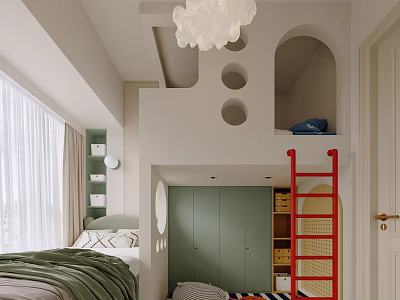 Kids Room Interior With Bunk Bed Red Ladder Green Cabinets Circular Cutouts And White Chandelier 3d model