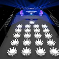Elegant Banquet Hall With Blue Lighting Stage Logo Round Tables White Tablecloths And Chairs