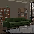 Green Velvety Sectional Sofa in Living Room with Bookshelf Rattan Divider and Floor Lamp