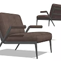 Single Sofa In Modern Design With Brown Leather Upholstery And Black Metal Frame