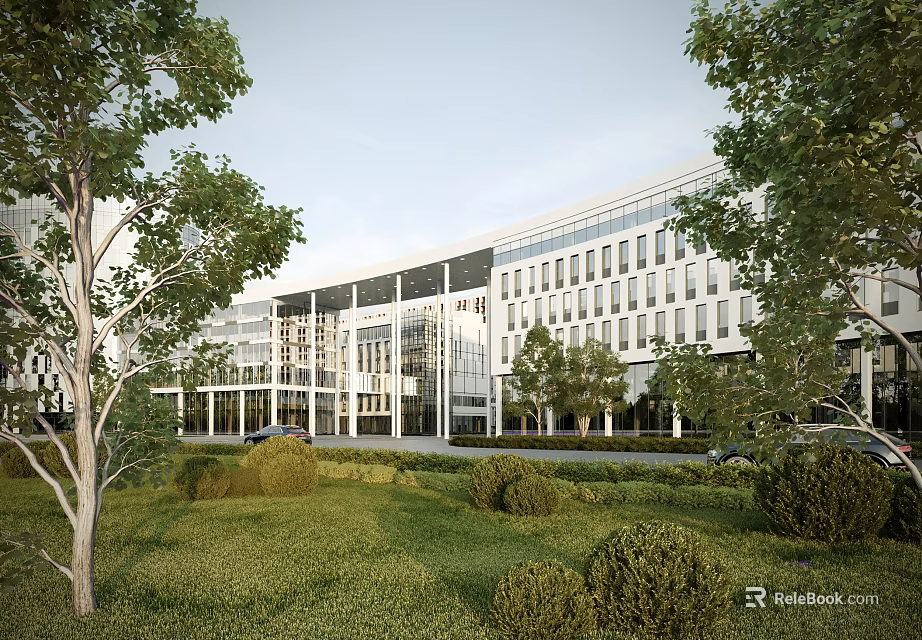 Modern Office Building Exterior With Glass Windows Green Lawn And Trees 3d model 