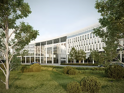 Modern Office Building Exterior With Glass Windows Green Lawn And Trees 3d model
