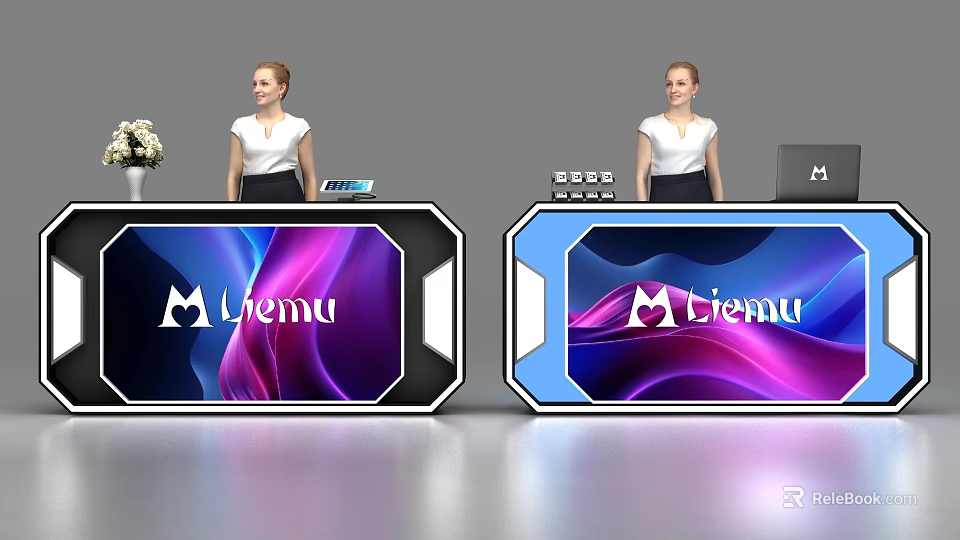 Modern Reception Desk With Female Receptionist M lienu Logo Purple Blue Wave Patterns 3d model 