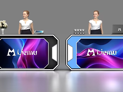 Modern Reception Desk With Female Receptionist M lienu Logo Purple Blue Wave Patterns 3d model