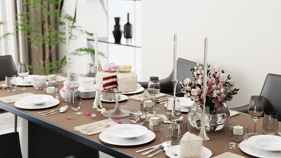 Elegant Tableware Set With White Plates Cutlery Glassware Pink Flowers Cake Candles Napkins On Table 3d model 