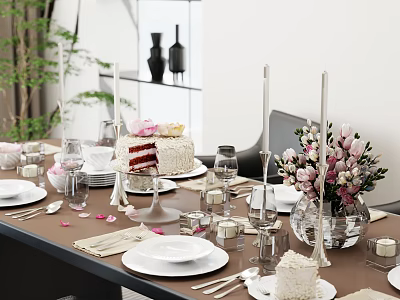 Elegant Tableware Set With White Plates Cutlery Glassware Pink Flowers Cake Candles Napkins On Table 3d model