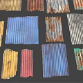 Various Colored Corrugated Metal Sheets With Rusted Textures On Dark Background