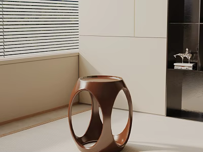 Brown Ring Shaped Side Table In Modern Room With Window Blinds And Black Shelf 3d model