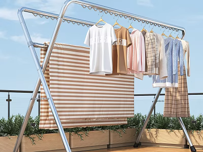 Outdoor Stainless Steel Clothes Drying Rack With Clothes And Bedding 3d model