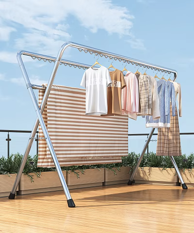 Outdoor Stainless Steel Clothes Drying Rack With Clothes And Bedding 3d model