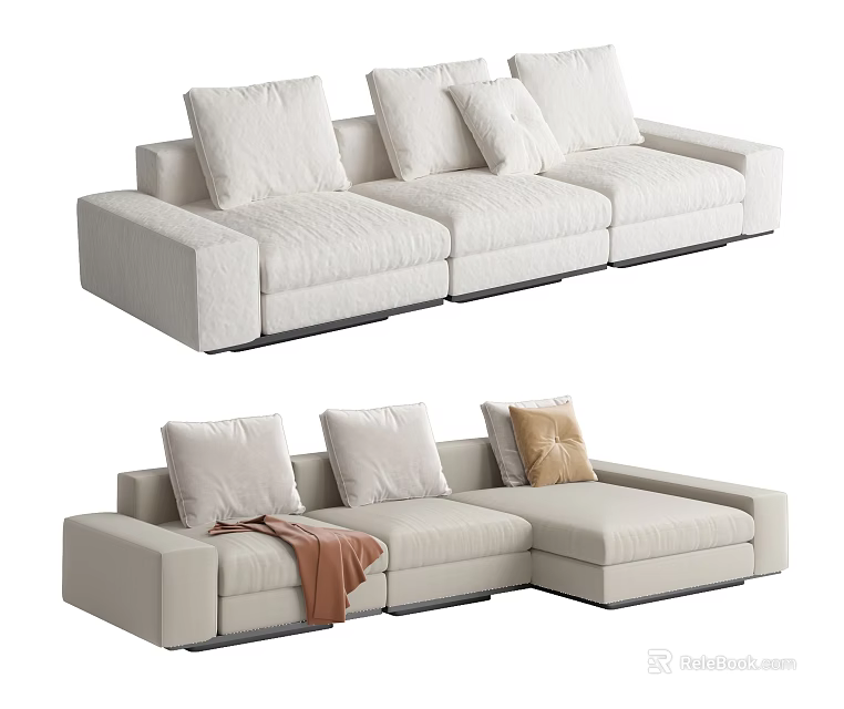Modern Light Colored Sectional Sofa Set With White And Brown Cushions And Throw Blanket 3d model 