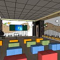 Kindergarten Music Classroom With Colorful Stools Music Stand And Wall Decorations