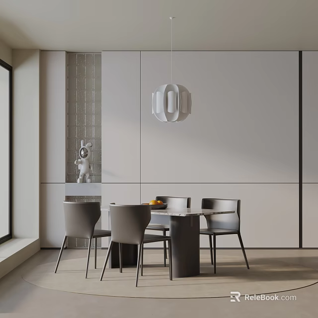 Modern Minimalist Dining Table Set With Gray Chairs White Cabinets And Pendant Light Interior 3d model 