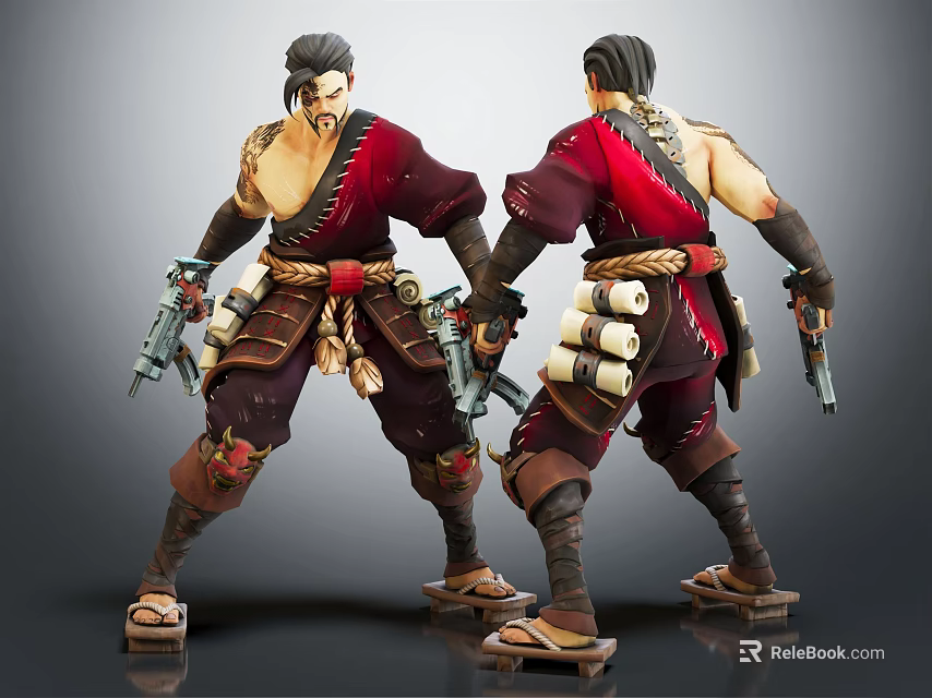 Two Character 3D Models With Traditional Red Outfit Brown Armor Dual Guns Scroll Decorations 3d model 