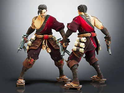 Two Character 3D Models With Traditional Red Outfit Brown Armor Dual Guns Scroll Decorations 3d model