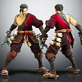Two Character 3D Models With Traditional Red Outfit Brown Armor Dual Guns Scroll Decorations