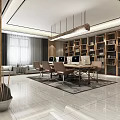 Modern Public Office Interior Design With Leather Chairs Wooden Bookshelves And Hanging Lights