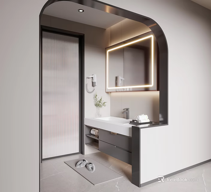 Modern Bathroom Interior Design With Backlit Mirror Vanity Cabinets And Shower Area 3d model